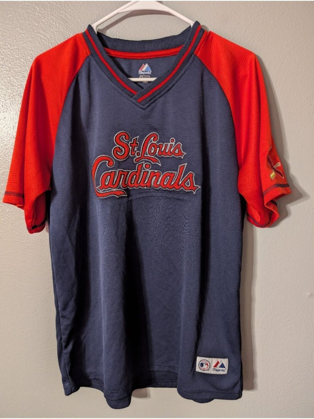 Majestic St Louis Cardinals Youth XL 18/20 Navy Red Baseball Shirt Jersey V-Neck
